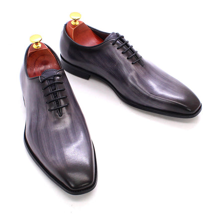 [One-Piece Oxford Shoes - Hand Brushed] Men's Leather Shoes Business Formal British Style Cowhide Men's Shoes Gray