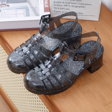 Summer Baotou Roman Women Sandals Retro High Heel Transparent Crystal Beach Shoes Non-slip Plastic Jelly Shoes Waterproof Shoes