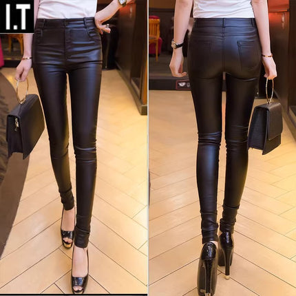 2025 Autumn and Winter Trendy Leather Pants for Women, Fleece-Lined and Thickeneded, Korean Style Tight-Fitting High-Waist Slimming Look Pants for Women, Outer Wear Leggings