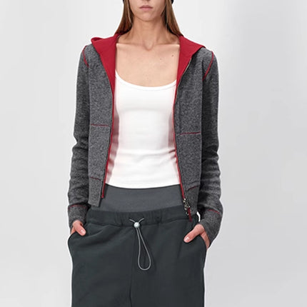 Autumn New Product Fashionable Simple Contrasting Color Reversible Wool Hooded Knitted Cardigan Design Slim Fit Jacket
