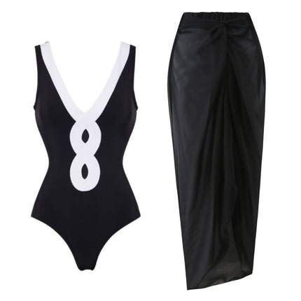 2024 European and American Swimwear New Simple Black and White Contrast Color one-piece Swimsuit Women's Cross-border Explosion 25099
