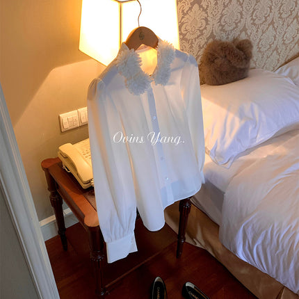 [Order Model]Ovinsyang Flower Ball Collar White Shirt Women's Autumn and Winter Design Niche Long-Sleeved Inner Layering