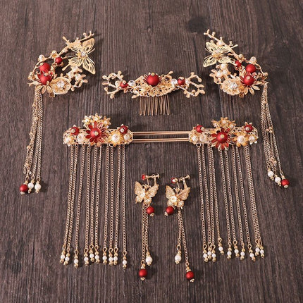 Chinese style hanfu bridal hair accessories suit tassel dragon and phoenix gown ancient style hair accessories wedding Red ancient costume Xiuhe headdress