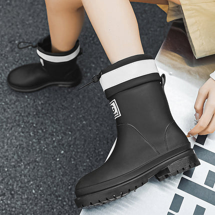 Cross-Border Women's Mid-Calf Rain Boots, Thickened Drawstring Rain Shoes, Wear-Resistant, Non-Slip, Waterproof, Comfortable Water Shoes, Outdoor Rubber Shoes for Women