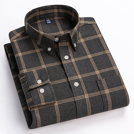New Spring and Summer Pure Cotton Men's Shirts, Brushed Plaid Long-Sleeved Casual Shirts, Slim Fit, Fashionable and Versatile Tops Wholesale