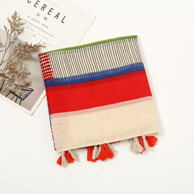 New Retro Striped Sunscreen Shawl Women's Summer Geometric Beach Towel Thin Cotton and Linen Scarf Long Silk Scarf