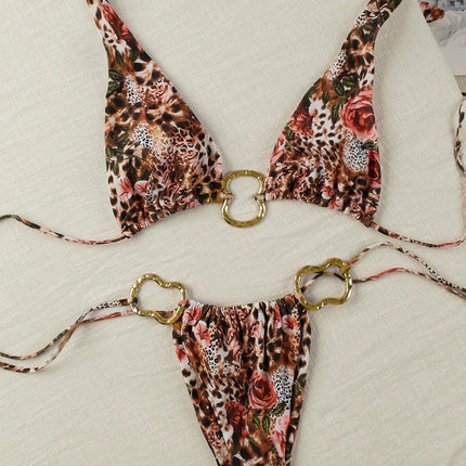 European and American Sexy Bikini suit Lace-up Printed Low Waist Fashion Women's Neck Hot Girls 2025 New Hot Selling