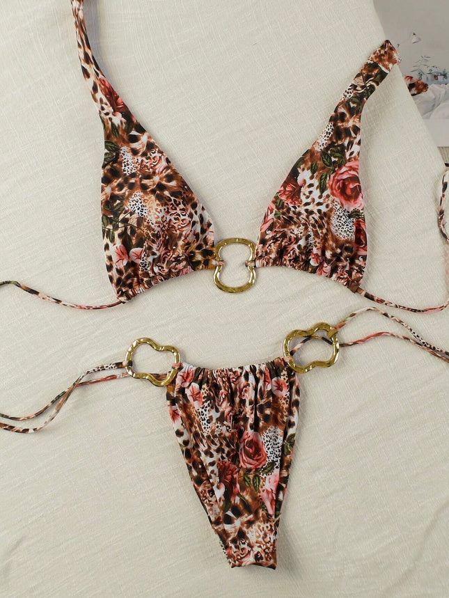 European and American Sexy Bikini suit Lace-up Printed Low Waist Fashion Women's Neck Hot Girls 2025 New Hot Selling