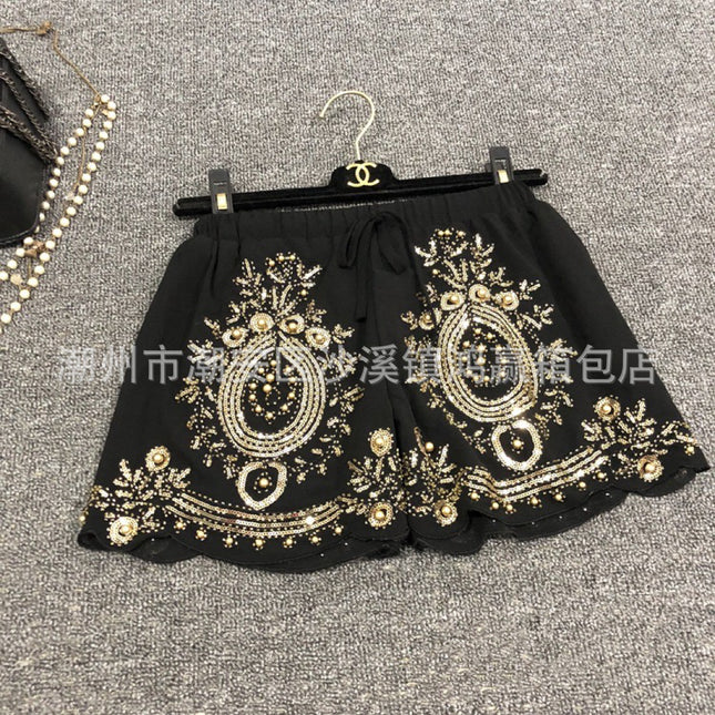 European and American Trendy Retro Fashion Casual Pants Chiffon Elastic Waist Shorts Heavy Sequin Beaded Wide-Leg Pants for Women