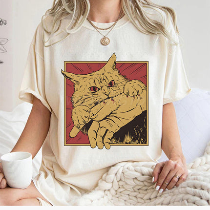 Fun Printed Cat New Pullover Cross-Border Casual Round Neck Top Women's Summer Loose Sports Short Sleeves