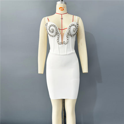European and American Cross-Border New Women's Suspender Diamond-Encrusted Light Luxury Mesh Bandage Skirt Sexy Hot Girl Hip-Hugging Party Dress
