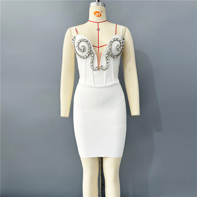 European and American Cross-Border New Women's Suspender Diamond-Encrusted Light Luxury Mesh Bandage Skirt Sexy Hot Girl Hip-Hugging Party Dress
