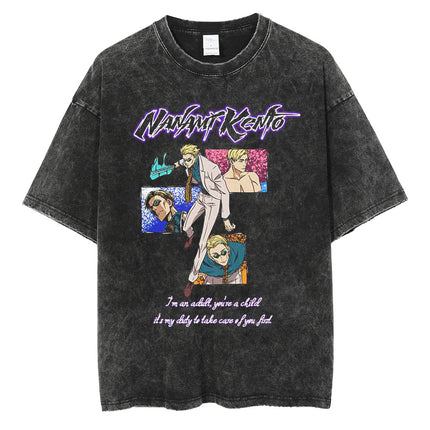 Huge Anime Flat Print Couple T-Shirt Washed Black Streetwear