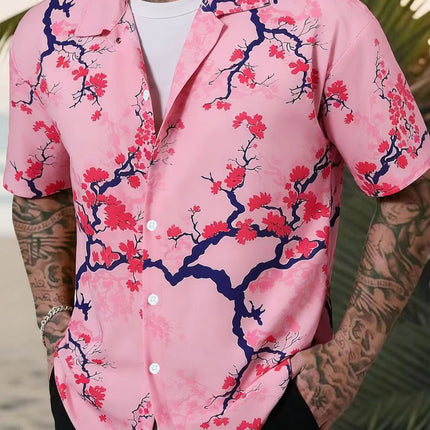 Casual Men's Red Plum Blossom Printed Men's Short-sleeved Shirt Men's Shirt Summer 2025 New Cross-border Exclusive