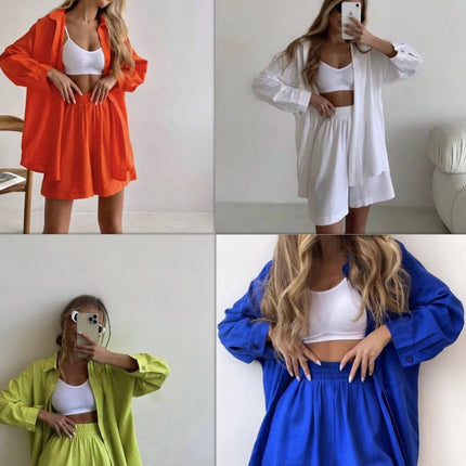 2024 spring European and American new solid color single breasted cotton and linen long sleeve shirt loose fashion casual shorts suit