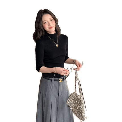 Factory Hot-Selling Korean Style Chic Half-High Collar Right Shoulder Slim Wool Mid-Sleeve Sweater for Women Commuting New Style Beautiful