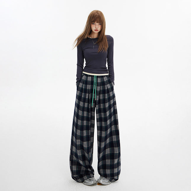 Korean Style Plaid Sanding Drawstring Casual Pants Women's Autumn and Winter New Wide Leg Pants 2024 Slimming All-match Mop Pants
