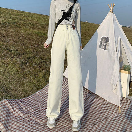 2025 Slimming Versatile High-Waisted Wide-Leg Pants White Denim Floor-Length Straight Pants Niche Loose Women's Two-Button Trendy