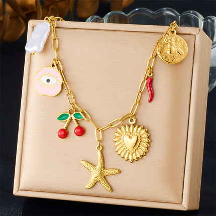 Korean Style Fashionable Sweet Fresh Cute Eyes Pink Oil Dripping Cherry Gold-Plated Heart Round Starfish Clavicle Necklace