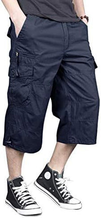 Magnivit Men's Cropped Pants Long Elastic Cargo Shorts Below Knee Shorts 3\/4 Cotton Cargo