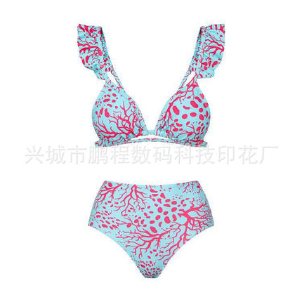 European and American Style Printed Bikini for Women, Quick-Dry Three-Piece Set, Backless Conservative Two-Piece Swimsuit, Tummy-Covering Hot Spring Swimwear Bikini