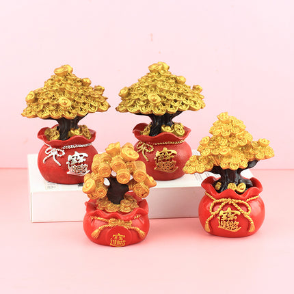 New Chinese-Style Festive Fortune Tree Resin Ornament for Office Desk, with Ingot and Lucky Bag, New Year Gift, Treasure Bowl