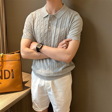 2025 Summer Polo Collar Cable Texture Simple and Versatile Elegant Short-Sleeved Knitwear Korean Style Casual Top