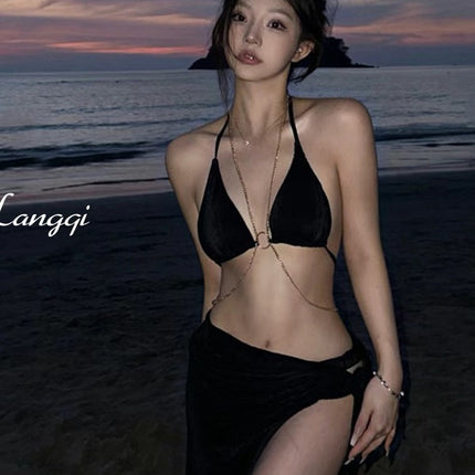 Black Chain Swimsuit Women's Bikini Three-Piece Split Beautiful Back Swimsuit Hot Spring Beach Vacation Halter Sexy