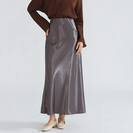 Silky Double-Sided Satin Floor-Length Skirt for Women High-Waisted Textured Elastic Waist Fishtail Long Skirt