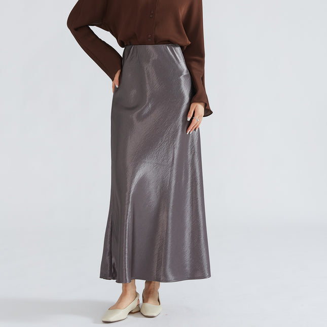 Silky Double-Sided Satin Floor-Length Skirt for Women High-Waisted Textured Elastic Waist Fishtail Long Skirt