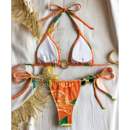 Bikini Three-Piece Swimsuit Vacation Style Sexy Printed Backless Halter Neck Tie Swimsuit Split Bikini Set