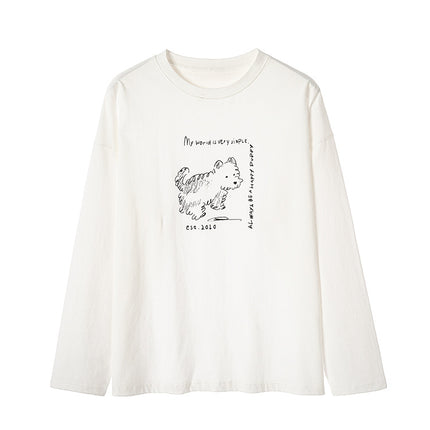 Baishi Wang Scrub Hand-painted Dog Brushed Cotton T-shirt Women's Spring Top Loose All-match Raglan Sleeve Base Shirt