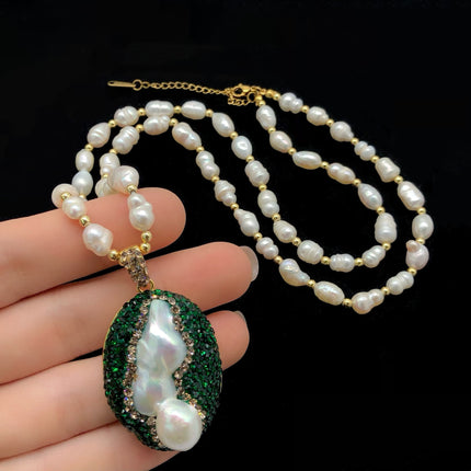 Natural Baroque Pearl Green Czech Diamond suit European and American Fashion Light Luxury Four-piece Jewelry Cross-border Exclusive