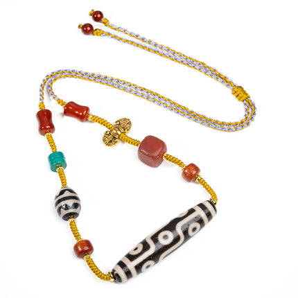 Natural Yellow Nine-Eyed Dzi Bead Necklace, Taiwanese Agate Pendant, Men's and Women's Couple's Braided Necklace, Ready for Sale