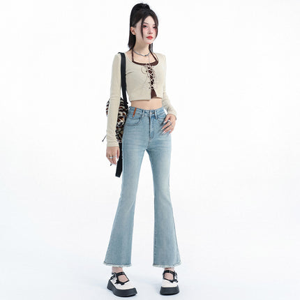Light Blue Denim Flared Jeans for Women, 2025 Autumn New High-Waisted Slimming Design with Frayed Edges