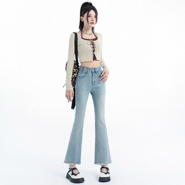 Light Blue Denim Flared Jeans for Women, 2025 Autumn New High-Waisted Slimming Design with Frayed Edges