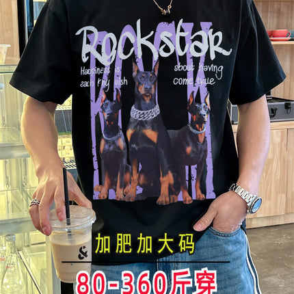 Trendy Brand American Rock Digital Printed Alphabet Doberman Dog Three Dog Short-sleeved T-shirt Fat Man Plus Fat Plus Duffy Handsome
