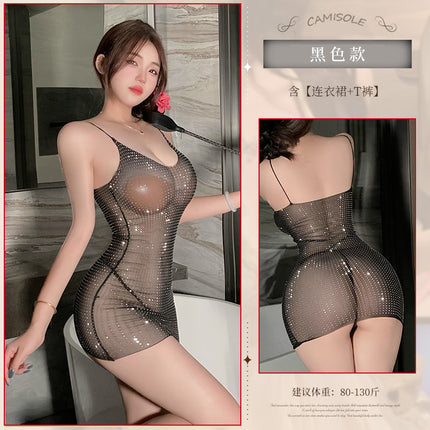 Night Dreams Sexy Underwear Sexy V-Collar Low-cut Suspenders Skirt Perspective Light Permeable Full Rhinting Suspenders dress 8553