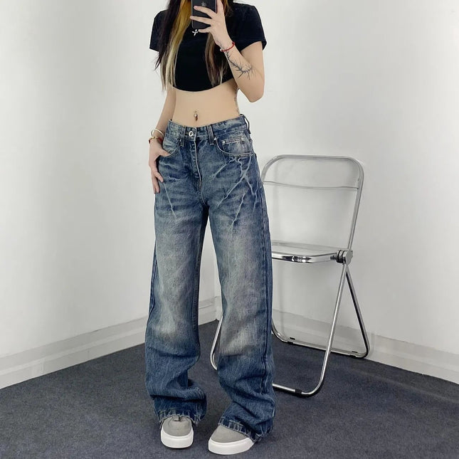 American High Street Washed Lightning Crack Blue Jeans for Women 2025 New Style Loose Straight Floor-Length Pants