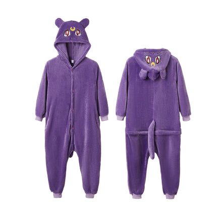 2025 Spring, Autumn and Winter Adult and Children's One-Piece Home Clothes Cartoon Purple Cat Pajamas Can Be Weared Out Couple Style Parent-Child Clothes