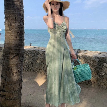 Real Shot New Light Green Printed Sling dress Yunnan Seaside Holiday Lou Super Slim-fit Back Long Dress for Summer