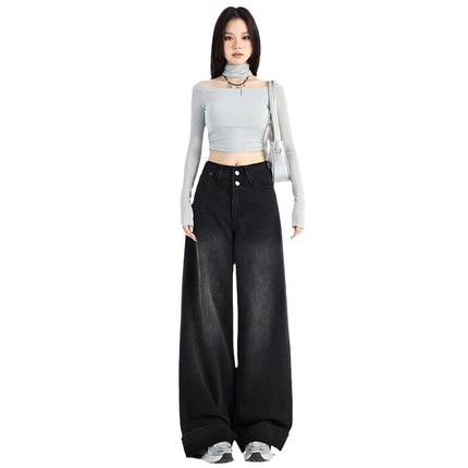 American Style Black Grey Wide Leg Jeans Women's Autumn 2024 New High Waist Double Buckle Loose Slimming Curl Edge Mop Pants
