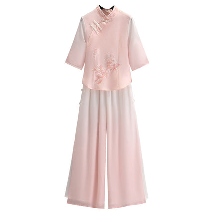 Vintage Chinese Top Set Large Size Chinese Style Seven-point Sleeve Cheongsam Peony Embroidered Gradient Pants Two-piece Set