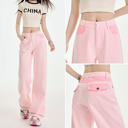 Spring 2025 New Pink High Waist Stitching Design Contrast Color Straight Jeans Women JEANS WOMEN