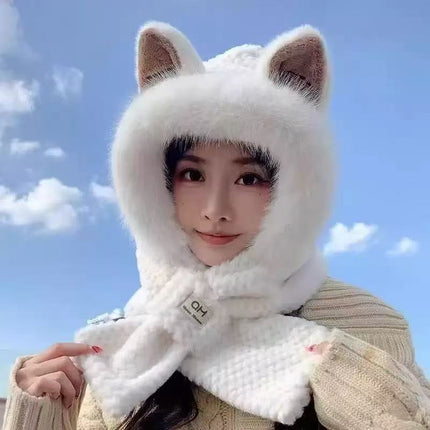 Women's Winter Cute Fox Ears Stuffed Hat Thickened Warm Cold-Proof Ear Protection Hat Scarf One Two-Piece Set