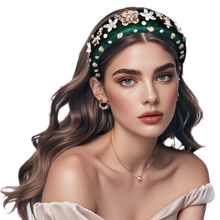 Yixing Senior French Hair Stamp Full Diamond Sponge Hair Band New Temperament Alloy Flower Dark Green Headwear A245