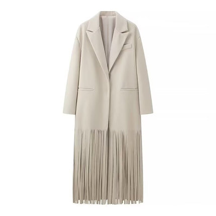 Amazon Cross-Border European and American Autumn and Winter Women's Clothing Foreign Trade British Style Woolen Outwear Tassel Decorative Extended Outwear