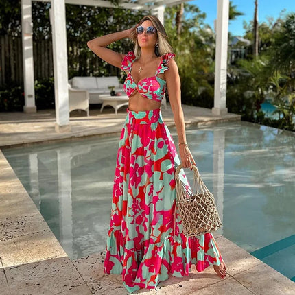 2024 European and American bikini New Ruffle Printed High Waist Split Swimsuit Holiday suit Women's Cross-border Explosions