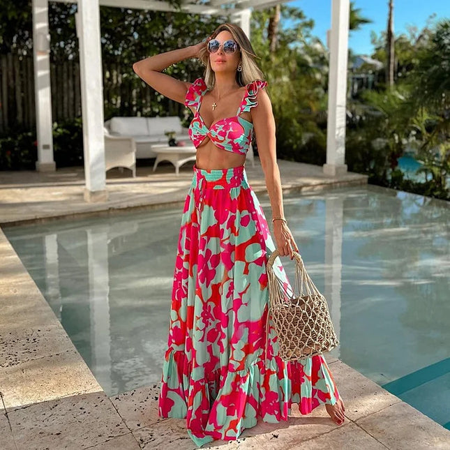 2024 European and American bikini New Ruffle Printed High Waist Split Swimsuit Holiday suit Women's Cross-border Explosions