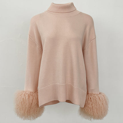 Women's Sweater Amazon Aliexpress Hot-Selling Autumn and Winter New Style Real Fox Fur Cuffs Loose High-Neck Knit Sweater for Women